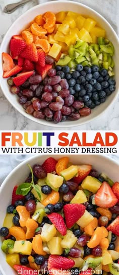 fruit salad with citrus and honey dressing in two white bowls on a marble countertop