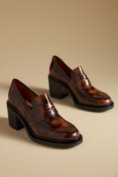 Leather upper, insole Rubber sole Slip-on styling Imported | Heeled Loafers by Maeve in Brown, Women's, Size: 40, Leather/Rubber at Anthropologie Luxury Calf Leather Loafers With Red Sole, Brown Loafers Women, Loafers Women, Ankle Sock, Brown Fits, Brown Loafers, 50 Fashion, Heeled Loafers, Ankle Socks