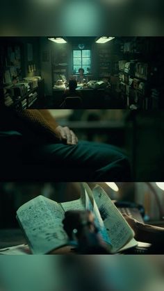 two different shots of people reading books in a dark room, one with an open book and