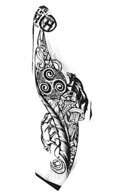 a black and white drawing of a person holding a baseball bat in the air with an intricate design on it