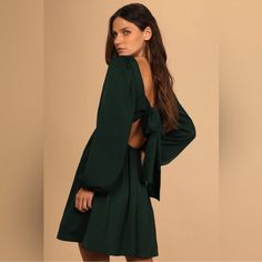 New With Tags. Satin Material. Hits Right Above The Knee. Hoco Looks, Emerald Tie, Emerald Green Tie, Green Long Sleeve Dress, Open Back Mini Dress, Green Formal Dresses, Womens Trendy Dresses, Gathered Bodice, Dresses For Prom