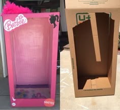 two cardboard boxes that have been opened and one has pink hair on the inside, while the other is empty