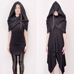 nuitnuitnuit: “Our essential Mythic Cowls in Black Wool on the left and stretch Linen on the right. The former is perfect for wintry climates and the latter for damp, rainy weather. #nuitclothing #fw16 #newcollection ” Urban Fashion Girls, Dystopian Fashion, Fest Outfits, Urban Fashion Women, Hooded Cloak, Outfit Hijab, Rainy Weather, Urban Dresses