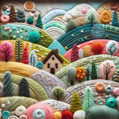 this is an image of a painting made out of buttons and yarns with trees