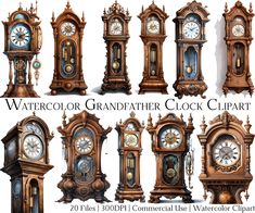 a collection of grandfather clocks with different styles and sizes, all in various shapes and sizes