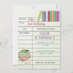 a birthday party card with books and pencils on it, in pastel colors