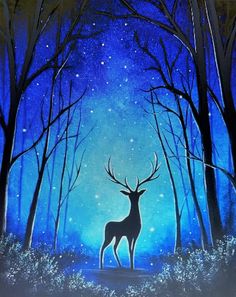 an acrylic painting of a deer in the woods at night with stars above