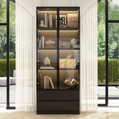 This exquisite 78.7-inch high display cabinet can meet all your ideas. The upper part has two transparent tempered glass cabinet doors paired with aluminum alloy frames, and uses a catapult device to open and close the cabinet door, achieving a handleless design, providing you with great convenience and excellent modern experience. There are four layers of 30 "W x 14.6" H storage space inside, and each layer is equipped with a three color ambient light below, which can freely switch the color of Glass Door Display Cabinet, Modern Bookcases, Built In Display Cabinet, Black Glass Cabinet Storage, Black Glass Cabinet Bar, Black Glass Bookshelf, Modern Black Display Cabinet, Glass Door Bookcase Black