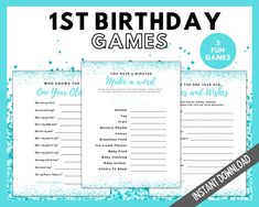 the first birthday game is shown in blue and white with glitters on it, which includes