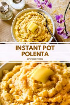 instant pot polenta with butter in the middle and an image of mashed potatoes next to it