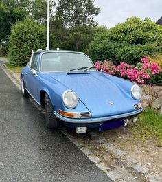 a blue sports car parked on the side of the road next to some bushes and flowers