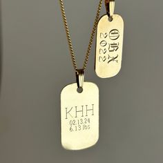 This Gold Engraved Dog Tag Necklace offers the perfect way to showcase a special memory. This necklace comes in 3 different sizes of dog tag charms which are customized with engraving in 2 orientations and in 4 available fonts, providing a personal touch. The Gold Engraved Dog Tag Necklace is paired with a 14k Gold-Filled Baby Curb Chain, making this necklace a timeless & sentimental accessory. Product Details: Made to Order - FINAL SALE 3 Charm Size Options: 25mm Small Dog Tag Engraved Charm 29 Luxury Box Chain Dog Tag Jewelry, Cheap Metal Dog Tag Necklaces, Dog Tag Ideas, Engraved Dog Tags, Old English Font, Personalized Dog Tags, Chain Making, Gold Engraving, Golden Dog