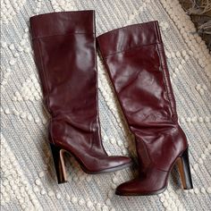 Gently Worn Natural Maroon Leather Upper And Lined. The Natural Maroon Color Has Different Shades But Looks Beautiful. 4.5 Inch High And .30 Inch Platform Welt. Brown Knee-high Boots With Block Heel And Medium Width, Burgundy Leather Knee-high Boots, Elegant Brown Knee-high Boots Medium Width, Brown Knee-high Boots With Medium Width, Brown Suede Knee-high Boots Medium Width, Maroon Leather, Michael Kors Shoes, Maroon Color, Shoes Heels Boots