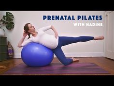 a pregnant woman is sitting on an exercise ball while talking on her cell phone with the caption, prenatl pilates with nadine