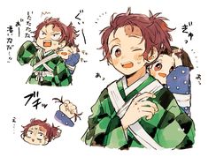 an anime character with red hair holding a baby in his arms and another person wearing a green kimono