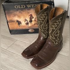 Old West Men’s Western Boot Size 13d, Square Toe, All Leather, Colors Include: Cream, Brown And Tan. The Shoes Have Been Worn A 2-3 Times Yet In Great Condition For Age. Does Have 2 Surface Scratches On The Left Boot At The Toe Area Which Can Be Seen In 2-3 Pics. Will Come In Original Shoe Box Shown In Pics From A Pet/Smoke Free Home. Western Boots For Men, Leather Colors, Western Boot, Western Cowboy Boots, Old West, Shoe Box, Western Boots, Size 13, Men's Shoes