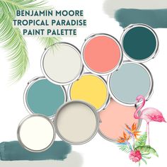 the paint palettes are all different colors and have flamingos on them, as well as palm leaves