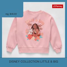 Update her wardrobe with fun cozy casual style essentials such as this Disney Collection little and big girl's Moana graphic sweatshirt. Crafted from soft cotton-fleece, this pullover features a large front graphic, embroidered detail, a crew neck and long sleeves. Wear it with jeans or leggings. Features: EmbroideredCharacter: MoanaClosure Type: Pullover HeadFit: Loose FitNeckline: Crew NeckSleeve Length: Long SleeveSleeve Style: Cuffed SleeveFiber Content: 60% Cotton, 40% PolyesterFabric Desc… Style Essentials, Light Coral, Cotton Fleece, Kids Sweatshirt, Fashion Essentials, Casual Style, Shirts Tops, Graphic Sweatshirt, Long Sleeves