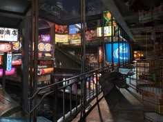 the interior of a restaurant with neon signs on the walls and stairs leading up to it