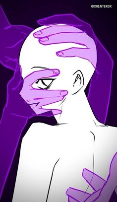 an animated image of a woman covering her face with purple hair and eyes, in front of a dark background