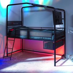 a bunk bed with a ladder next to it in a room that is lit up