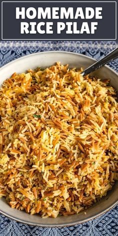 a bowl filled with rice on top of a blue table cloth