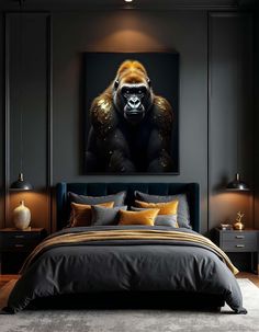 a bedroom with black walls and a large gorilla painting on the wall above the bed