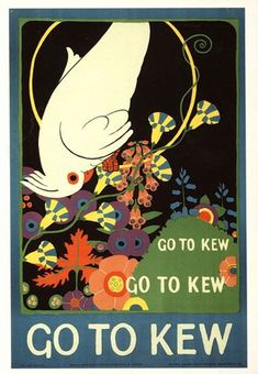 an advertisement for go to kew with a white bird flying over flowers and plants