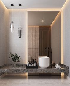 a modern bathroom with marble counter tops and lights on the wall, along with a large mirror