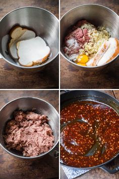 four pictures showing different stages of making food in a pot with meat and bread on the side