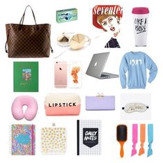 a collage of items that include laptop, phone, coffee cup and other items