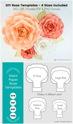 an image of paper flowers with the text diy roses templates - 4 sizes included