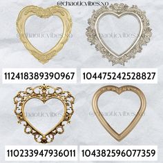 four different types of heart shaped brooches in gold, silver and rosette