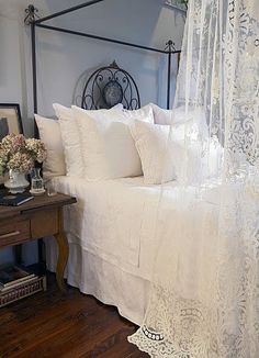 European Sleep system pillows. Romantic Beds, Antique Bedrooms, Lace Canopy, Antique Luxury, Nite Nite, White Linens, Bedroom Sanctuary, Gorgeous Bed, Romantic Bed