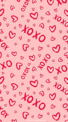 pink background with hearts and xoxo written in red on the bottom right corner