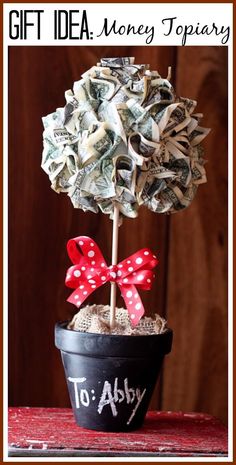 a potted plant with money in it and the words, gift idea money topiary