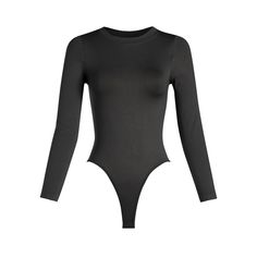 a black bodysuit with long sleeves and an open back, on a white background