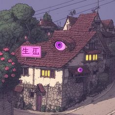 a drawing of a house with purple eyes on the roof