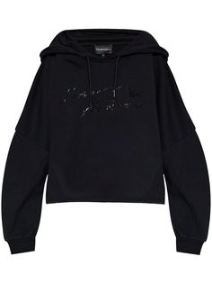 black cotton logo print to the front drawstring hood drop shoulder long sleeves ribbed cuffs straight hem Armani Sweatshirt, Armani Brand, Sweaters Black, Armani Logo, Emporio Armani Women, Cotton Logo, Cotton Hoodie, Thom Browne, Giorgio Armani