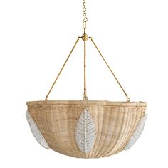 a basket hanging from the ceiling with a light fixture attached to it and a white leaf on