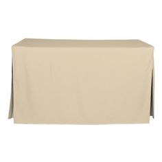 a table covered with a beige cloth