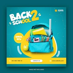 the back to school flyer is shown with an image of a backpack and books in it