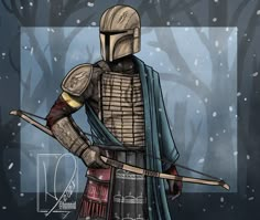 a drawing of a man dressed in armor and holding a bow with trees in the background