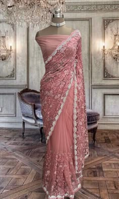 Beautiful Peach net saree with thread and stone work and running blouse piece Pink Net Saree, Net Designer Saree, Pastel Saree, Pink Sarees, Cultural Clothes, Asian Dresses, Saree Hairstyles, Peach Saree, Trendy Outfits Indian