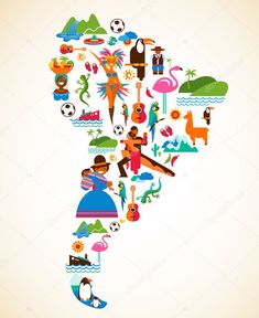 an illustrated map of the country of south america with colorful icons and symbols in it