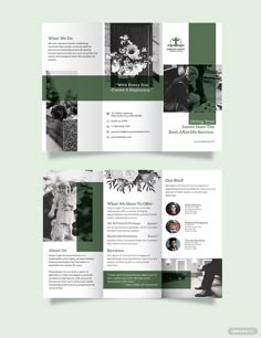 a green and white tri fold brochure with photos on the front, inside and out