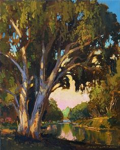 an oil painting of a large tree next to a body of water with trees in the background