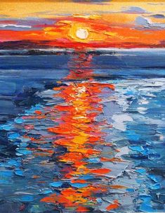 an oil painting of the sun setting over water