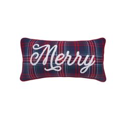 a plaid pillow with merry written on it