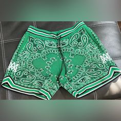 A Pair Of Basically Brand New Amiri Green Bandanna Shorts With Leather Draw Strings Silver Hardware Shorts Athletic, Men's Style, Fashion Clothes, Silver Hardware, Mens Clothing Styles, Mens Shorts, Men's Fashion, Man Shop, Fashion Outfits